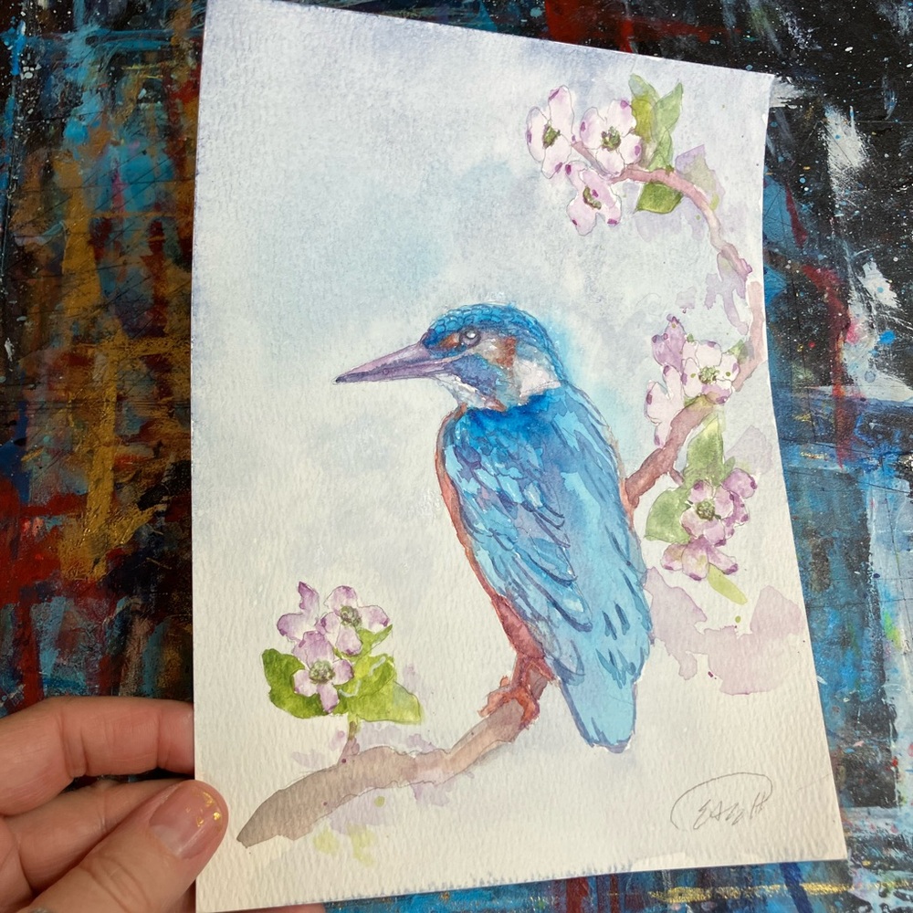 Original Kingfisher Bird Watercolor Painting Art Floral Branch Nature Decor USA
